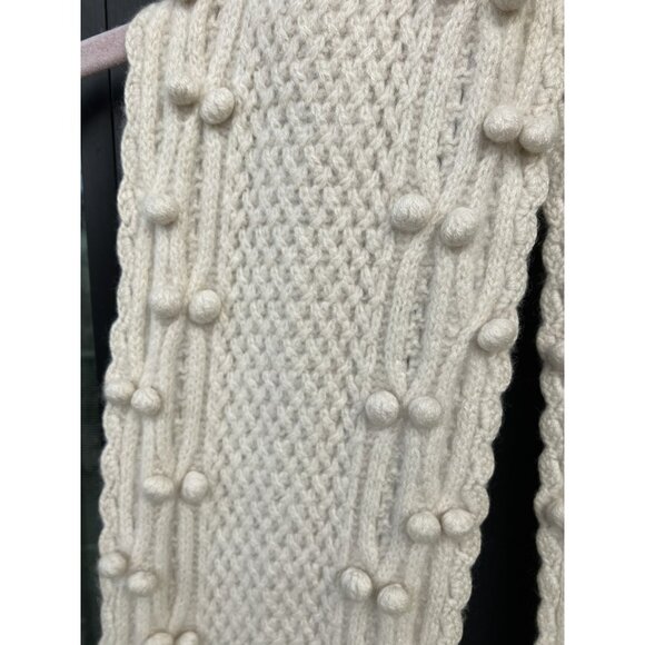 Women's Vintage Ivory Cream 100% Cashmere Fisherman Scarf Pom Poms Cable Knit - Picture 2 of 5